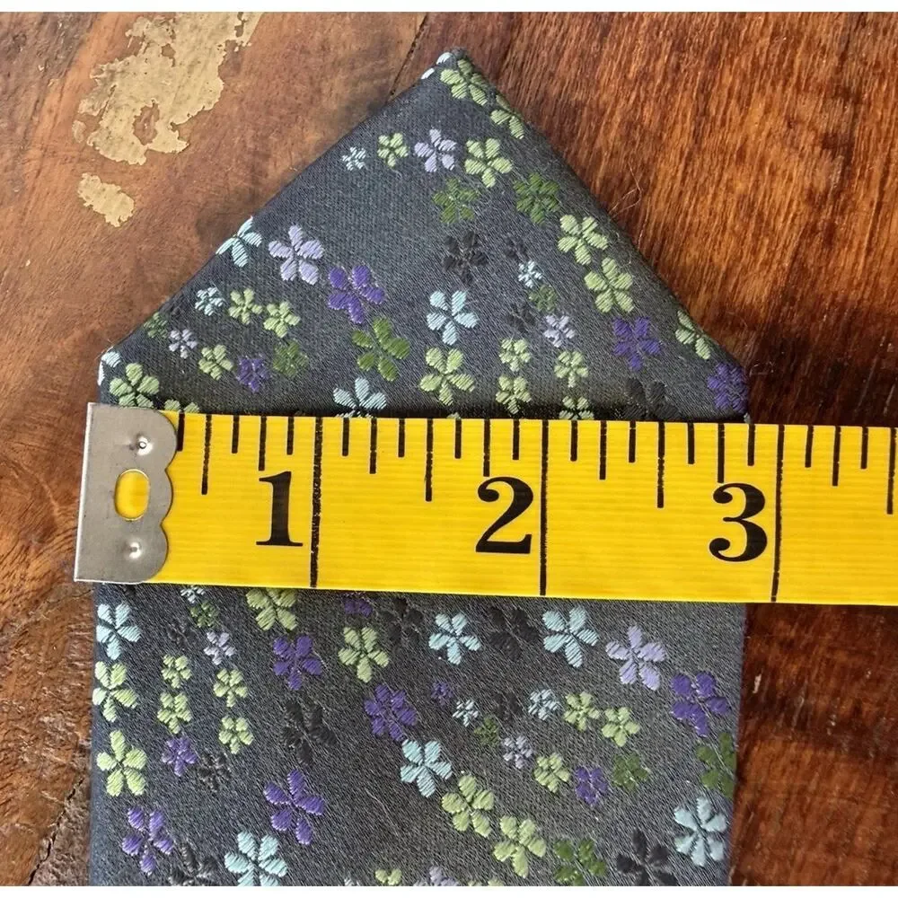 Geoffrey Beene Mens 100% Silk Tie Gray Purple Green Floral Necktie Garden